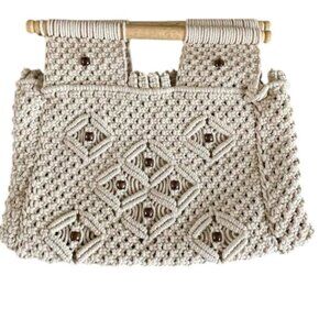 Macrame Purse with Wooden Handles Natural Granny Boho Artsy